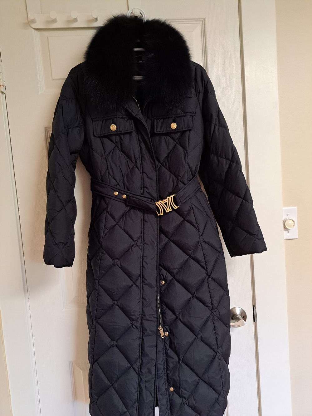Navy Quilted Long Coat with Fox Fur Collar